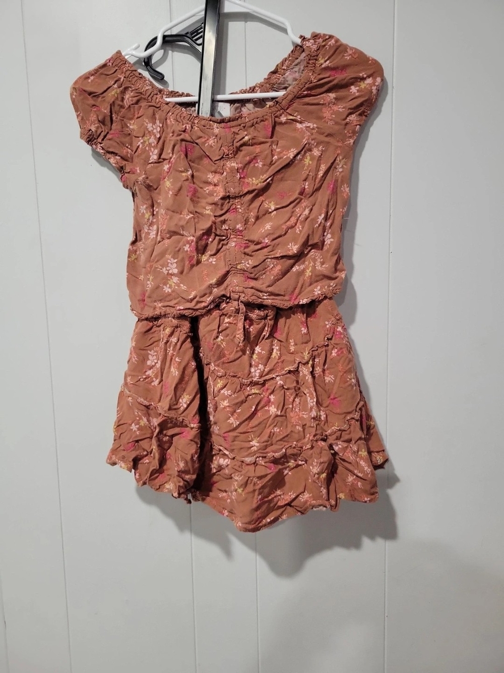 Girls' Floral Rust Brown Off-Shoulder Dress